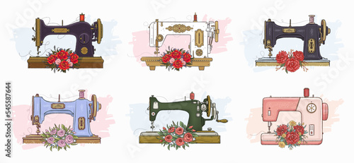 Set of hand drawn sewing machines and flowers. Vector illustration