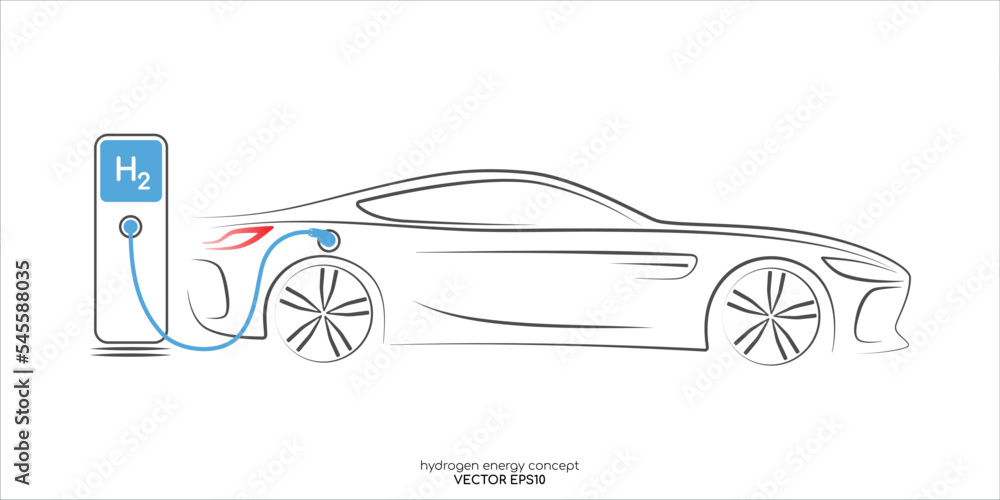 hydrogen car on gas stations fuel dispenser by sketch line side view
