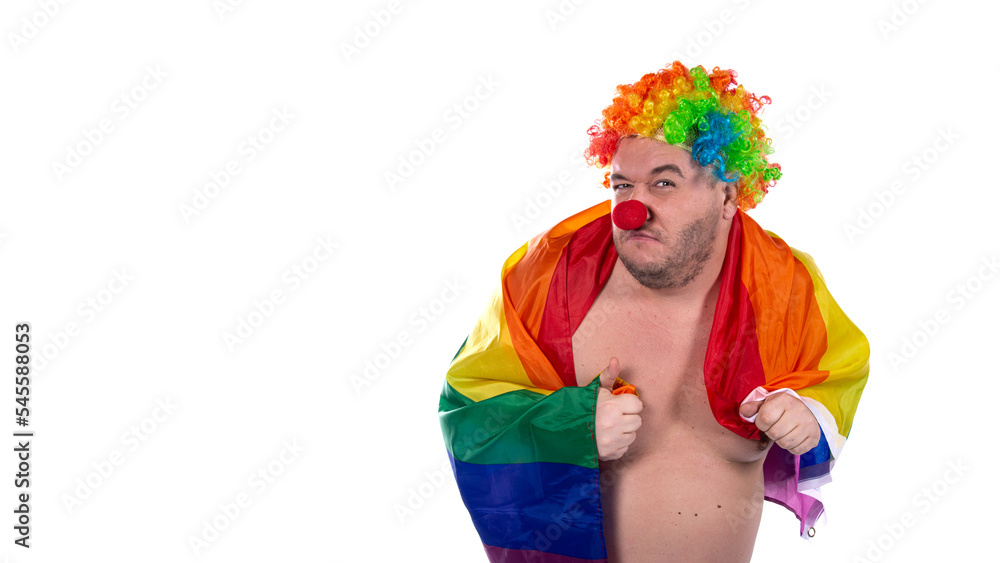 Funny fat clown with a gay flag. Funny fat clown with a gay flag.