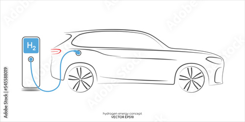 SUV hydrogen car on gas stations fuel dispenser by sketch line side view black and blue isolated on white background. Vector in concept h2 combustion engine for emission free eco friendly transport.