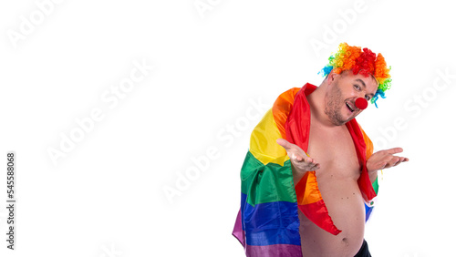 Funny fat clown with a gay flag.