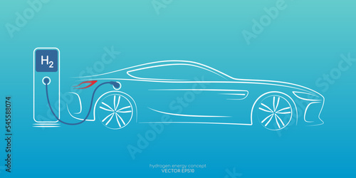 Hydrogen car on gas stations fuel dispenser by sketch line side view white on colorful gradient blue green background. Vector in concept h2 combustion engine for emission free eco friendly transport.