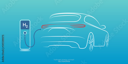SUV hydrogen car on gas stations fuel dispenser by sketch line back view white on colorful gradient blue green background. Vector illustration.