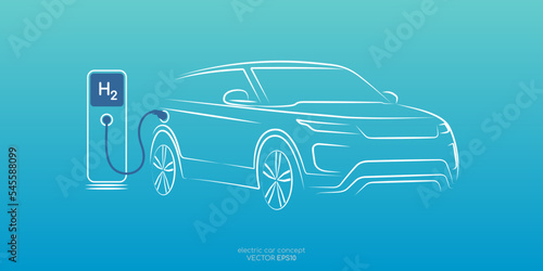 SUV hydrogen car on gas stations fuel dispenser by sketch line front view white color on colorful gradient blue green background. Vector illustration.