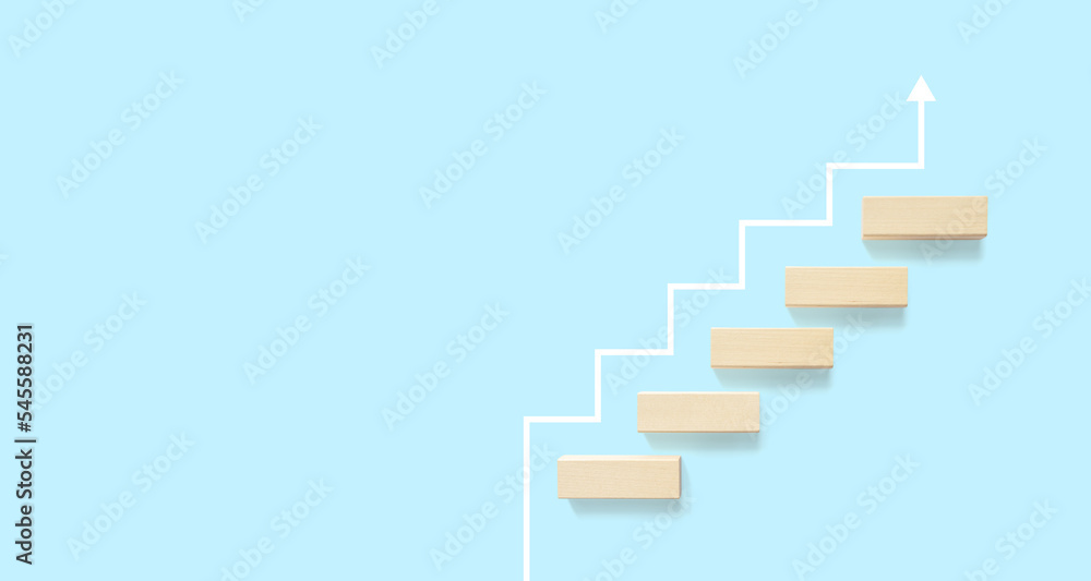 Growth or increase design concept. Cube block staircase moving step growing up to target. Success achievement or goal business motivation - obrazy, fototapety, plakaty 