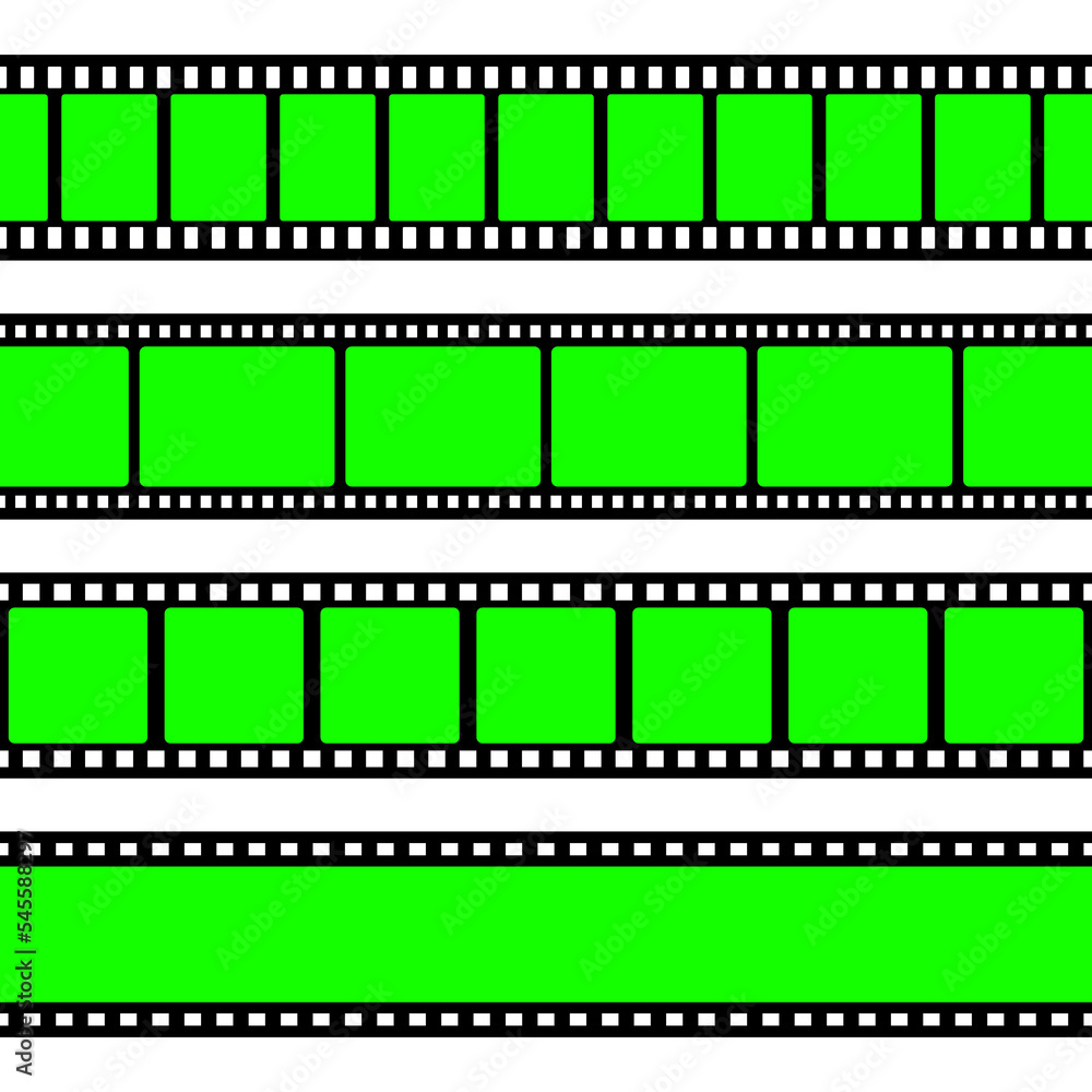 Realistic blank film strip, camera roll. Old retro cinema movie strip with green chroma key background. Analog video recording and photography. Visual effects compositing. Vector illustration Realistic blank film strip, camera roll. Old retro cinema movie strip with green chroma key background. Analog video recording and photography. Visual effects compositing. Vector illustration