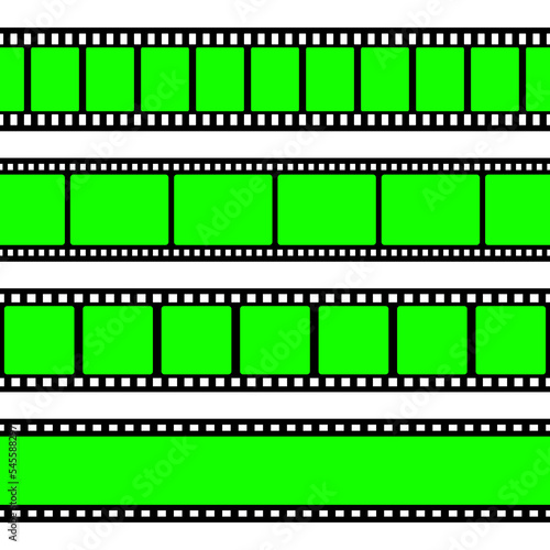 Realistic blank film strip, camera roll. Old retro cinema movie strip with green chroma key background. Analog video recording and photography. Visual effects compositing. Vector illustration