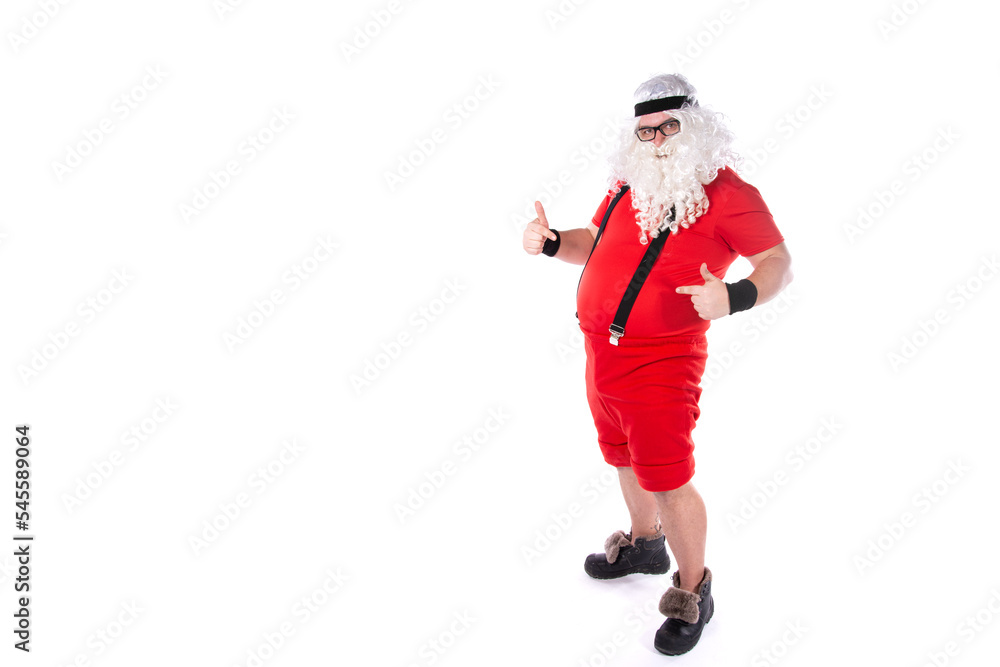 Funny Santa Claus goes in for sports. Man posing on a white background. Funny Santa Claus goes in for sports. Man posing on a white background.