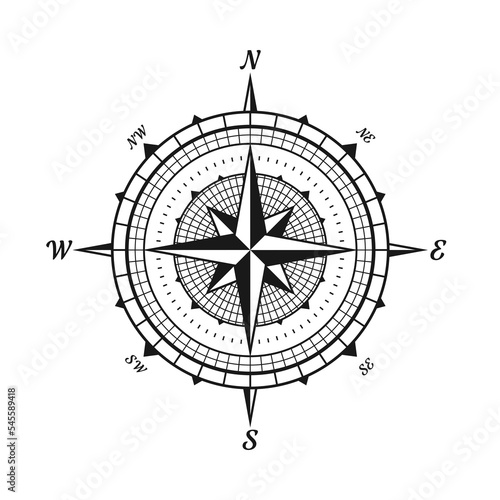 Vintage marine wind rose, nautical chart. Monochrome navigational compass with cardinal directions of North, East, South, West. Geographical position, cartography and navigation. Vector illustration.