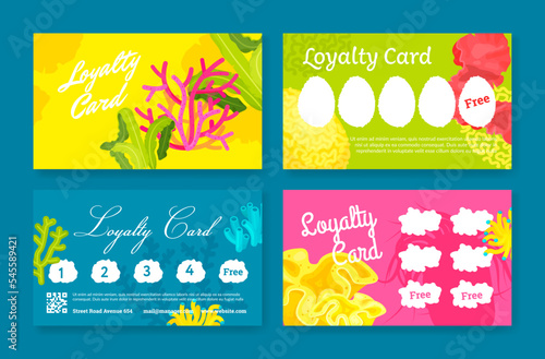 Coral underwater plant landscape loyalty card for collect stickers and stamps set vector