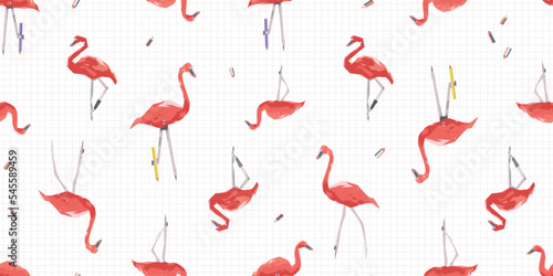 Fototapet Seamless checkered school pattern with pink flamingos and pencils on a white background