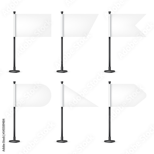Realistic various table flags on a steel pole. Blank white desk flag made of paper or fabric. Black metal stand. Mockup for promotion and advertising. Vector illustration