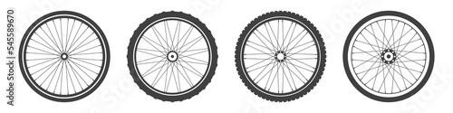Black bicycle wheel symbols collection. Bike rubber tyre silhouettes. Fitness cycle, road and mountain bike. Vector illustration.