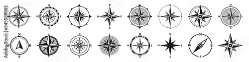 Vintage marine wind rose, nautical chart. Monochrome navigational compass with cardinal directions of North, East, South, West. Geographical position, cartography and navigation. Vector illustration.