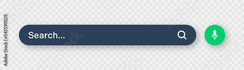Search bar with round corners. Internet browser engine with search box, address bar and text field. UI design, website interface element with web icons and push button. Dark mode. Vector illustration