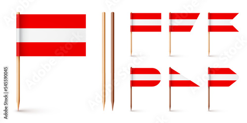 Realistic various Austrian toothpick flags. Souvenir from Austria. Wooden toothpicks with paper flag. Location mark, map pointer. Blank mockup for advertising and promotions. Vector illustration