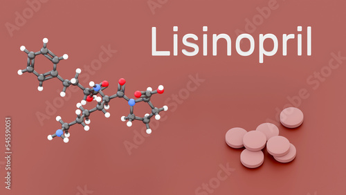 Lisinopril - medication of the angiotensin-converting enzyme ACE inhibitor used to treat high blood pressure, heart failure, after heart attacks. Lisinopril tablets and packaging box 3d illustration photo
