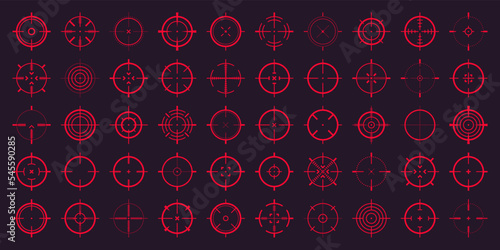 Crosshair, gun sight vector icons. Bullseye, red target or aim symbol. Military rifle scope, shooting mark sign. Targeting, aiming for a shot. Archery, hunting and sports shooting. Game UI element.