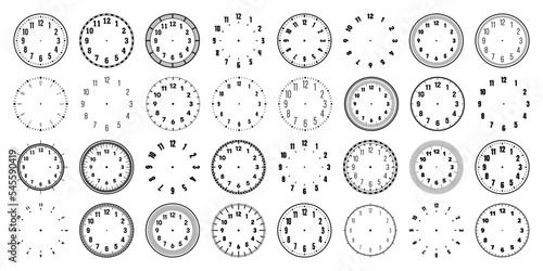 Mechanical clock faces with arabic numerals, bezel. Watch dial with minute, hour marks and numbers. Timer or stopwatch element. Blank measuring circle scale with divisions. Vector illustration photo