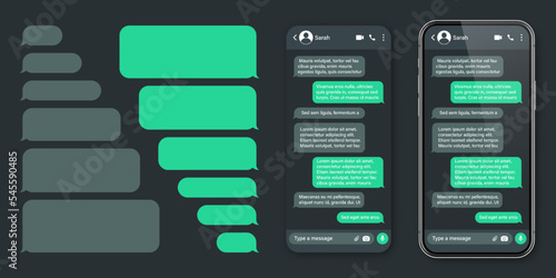 Realistic smartphone with messaging app. SMS text frame. Conversation chat screen with green message bubbles and placeholder text. Dark mode. Social media application. Vector illustration