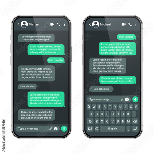 Realistic smartphone with messaging app. SMS text frame. Conversation chat screen with green message bubbles and placeholder text. Dark mode. Social media application. Vector illustration