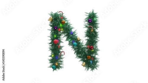 Capital letter N from Christmas tree twigs with decorations on transparent background. Christmas alphabet. Letters from Christmas tree branches with decorations. 3d illustration