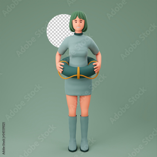 3D cartoon illustration cute girl use lifebuoy for safety in oceans photo