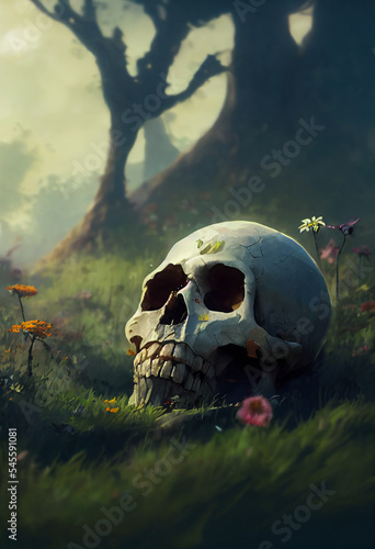 decaying skull with flowers, gothic, fantasy halloween illustration, concept art © Badger