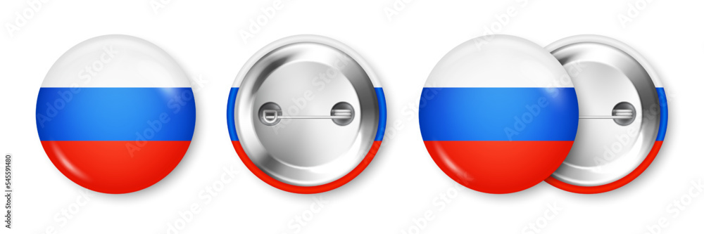 Realistic button badge with printed Russian flag. Souvenir from Russia. Glossy pin badge with shiny metal clasp. Product mockup for advertising and promotion. Vector illustration Realistic button badge with printed Russian flag. Souvenir from Russia. Glossy pin badge with shiny metal clasp. Product mockup for advertising and promotion. Vector illustration