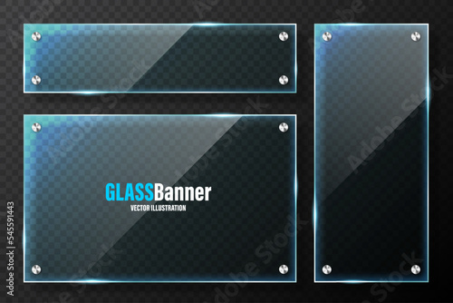 Realistic glass frames with metal holders. Blue transparent glass banners with flares and highlights. Glossy acrylic plate, element with light reflection and place for text. Vector illustration