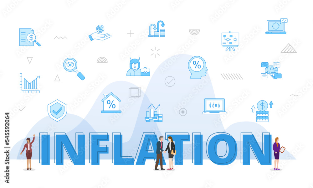 inflation concept with big words and people surrounded by related icon spreading with modern blue color style