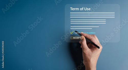 Photos Hand tick agree and accept of Terms of use, reading terms and conditions of website or service before clicking button agree