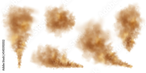 Realistic dust clouds isolated on white background. Sand storm with dirt particles, polluted dirty brown air, smog. Vector illustration