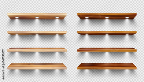 Realistic wooden store shelves with lighting, spotlights. Empty product shelf, grocery wall rack. Mall and supermarket furniture, bookshelf. Modern interior design element. Vector illustration