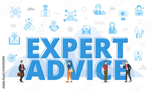expert advice concept with big words and people surrounded by related icon spreading with modern blue color style