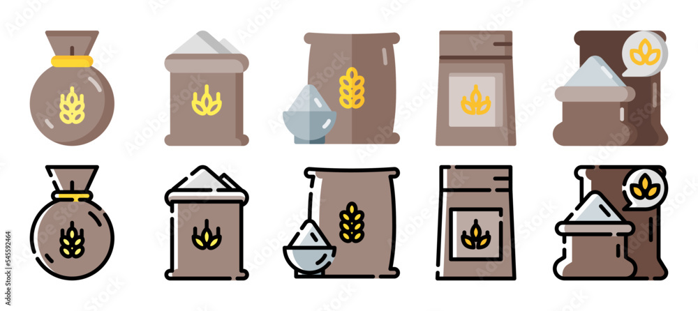 Bag of wheat icon set, farming and agriculture, grain bag. Vector illustration with a different style. Flat and filled line style Bag of wheat icon set, farming and agriculture, grain bag. Vector illustration with a different style. Flat and filled line style