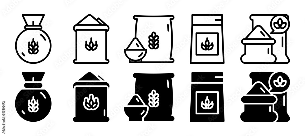 Bag of wheat icon set, farming and agriculture, grain bag. Vector illustration with a different style. Line and solid style