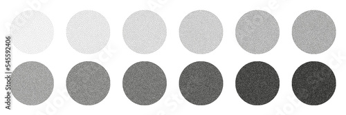 Round shaped dotted objects, stipple elements. Fading gradient. Stippling, dotwork drawing, shading using dots. Pixel disintegration, halftone effect. White noise grainy texture. Vector illustration
