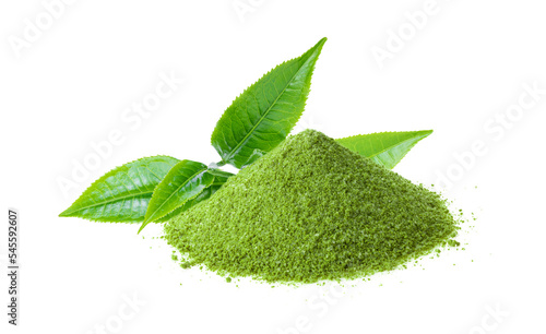 Instant matcha green tea with leaf on transparent png photo