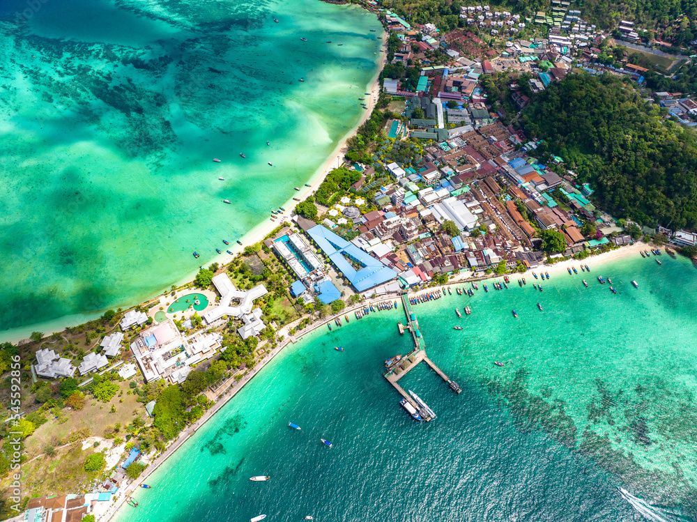 Aerial view of Ton Sai Beach in Koh Phi Phi, Krabi Thailand