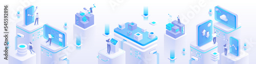 High tech, science, futuristic modern concept. Digital technology, deep learning and big data. Detailed abstract isometric vector illustration for screen template or banner background