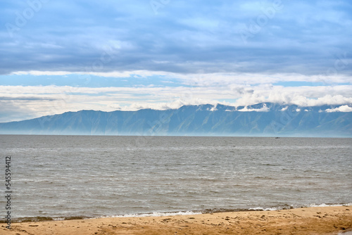 Barguzin Bay and the mountains of the Holy Nose peninsula of Lake Baikal in the Republic of Buryatia.