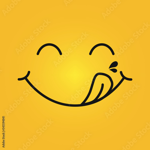 Yummy face smiley icon delicious with tongue lick mouth, tasty food eating emoticon face on yellow background, tasty emoji with saliva drops, smile vector cartoon line style