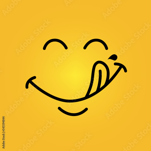 Yummy face smiley icon delicious with tongue lick mouth, tasty food eating emoticon face on yellow background, tasty emoji with saliva drops, smile vector cartoon line style
