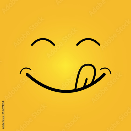 Yummy face smiley icon delicious with tongue lick mouth, tasty food eating emoticon face on yellow background, tasty emoji with saliva drops, smile vector cartoon line style