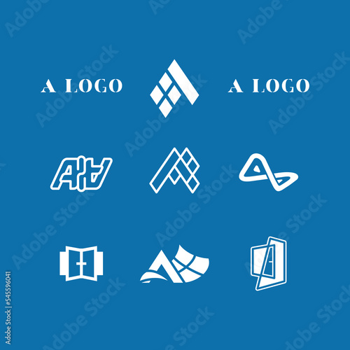 Set of modern vector logos on a blue background. Windows, doors, houses, roofs. Emblems for business. Construction, renovation work.