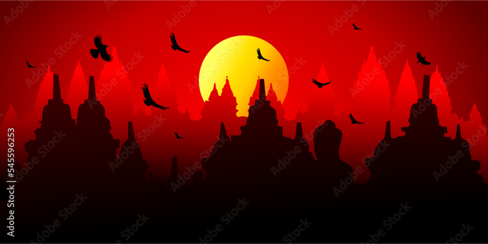 Vector silhouettes of Buddhist temples against a background of red sky, flying birds and full moon