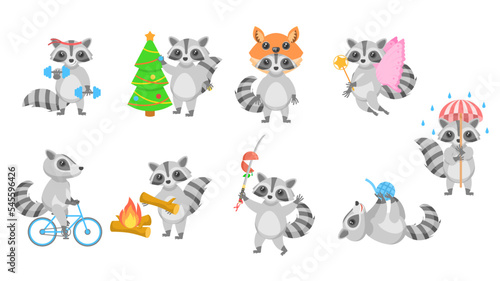 Fototapeta Naklejka Na Ścianę i Meble -  Big Set Abstract Collection Flat Cartoon Different Animal Raccoons Vector Design Style Elements Fauna Wildlife