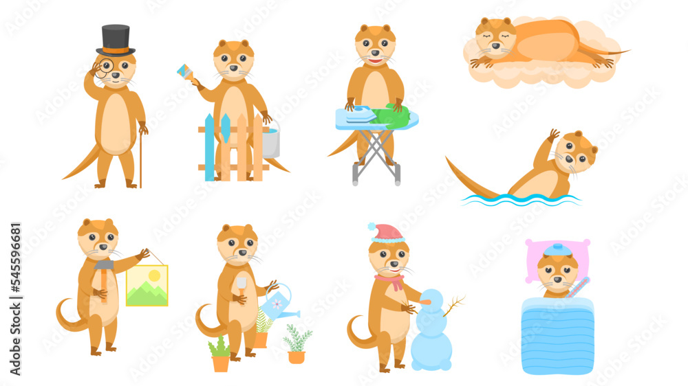 Fototapeta premium Set Abstract Collection Flat Cartoon Different Animal Otters Vector Design Style Elements Fauna Wildlife