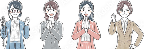 ビジネス女性　表情ポーズの上半身イラストセット（ガッツポーズ　憧れ　納得）